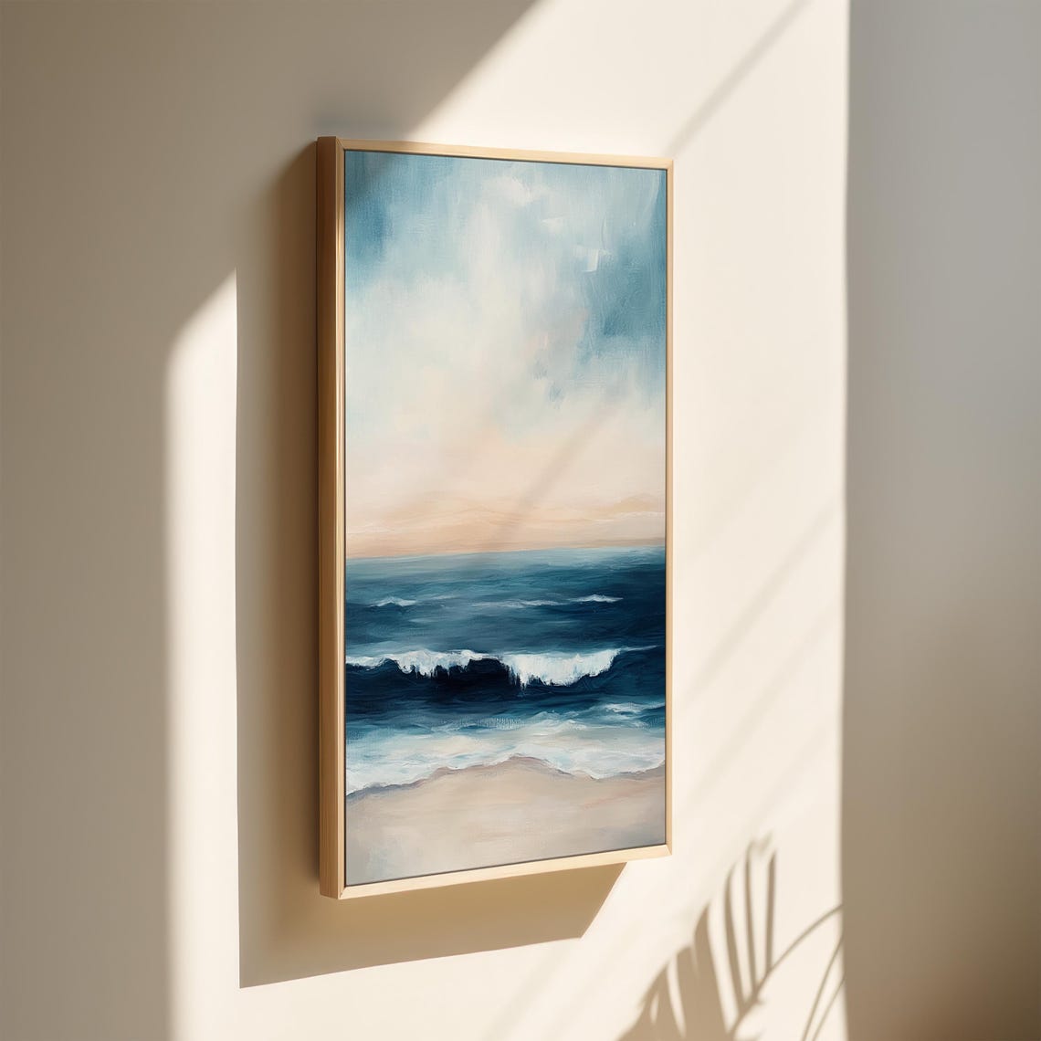 Serene Blue Ocean Waves Pastel Sky Coastal Oil Painting Poster