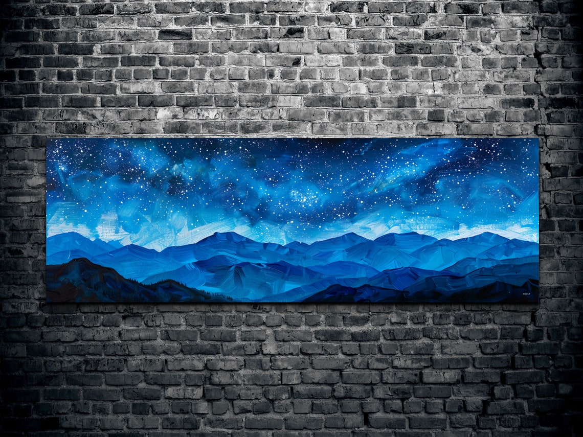 Starry Night Mountain Ridges Deep Blue Impasto Panoramic Art Poster - Image 2
