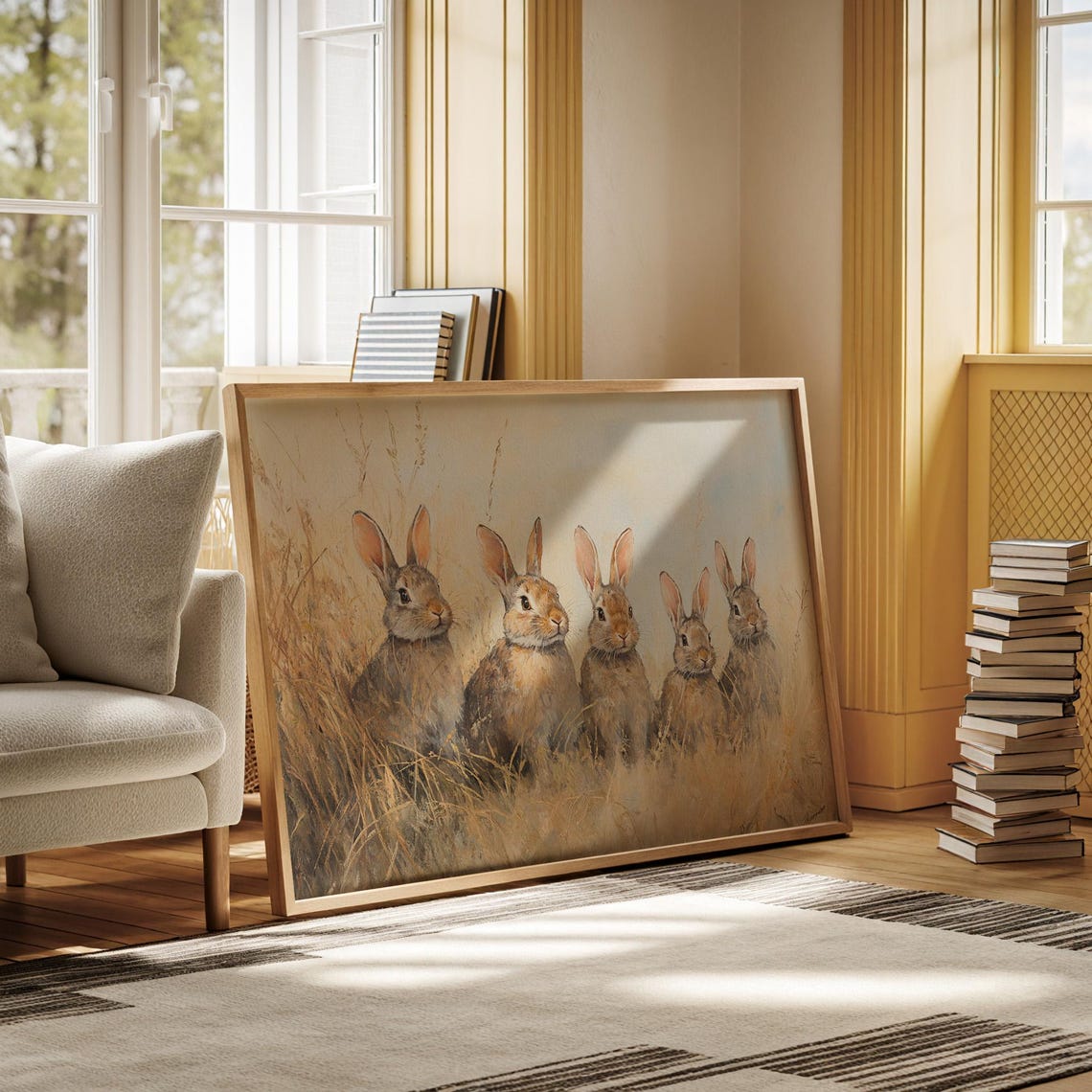Adorable Five Rabbits Standing In Golden Wheat Field Art Poster - Image 5
