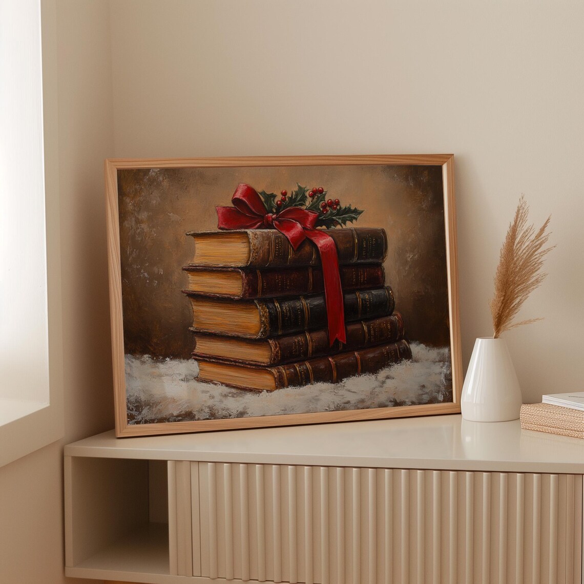 Vintage Christmas Book Stack With Red Ribbon And Holly Holiday Poster
