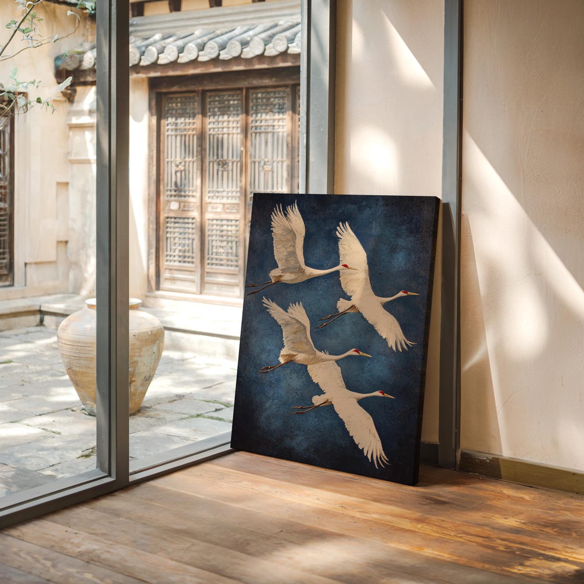Four Flying White Cranes On Deep Navy Vintage Bird Art Poster - Image 3