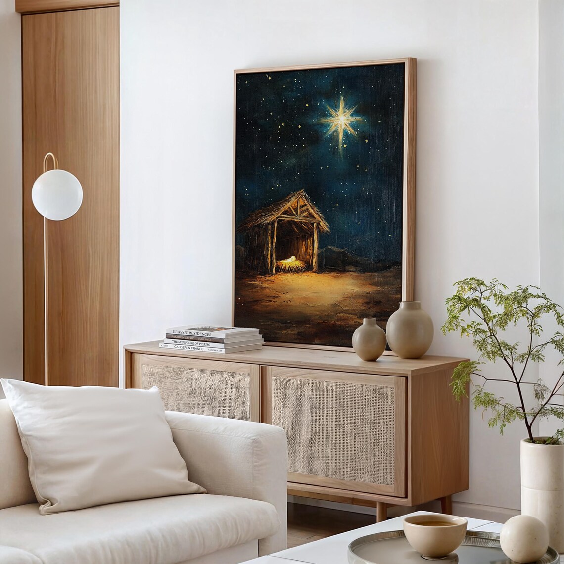 Baby Jesus In Manger At Nativity Stable Under Bright Star Night Poster - Image 7