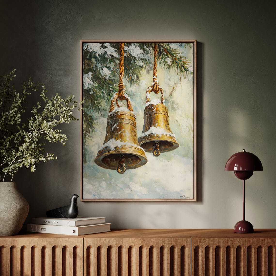 Golden Bells Hanging From Ropes Against Snowy Evergreens Art Print - Image 7
