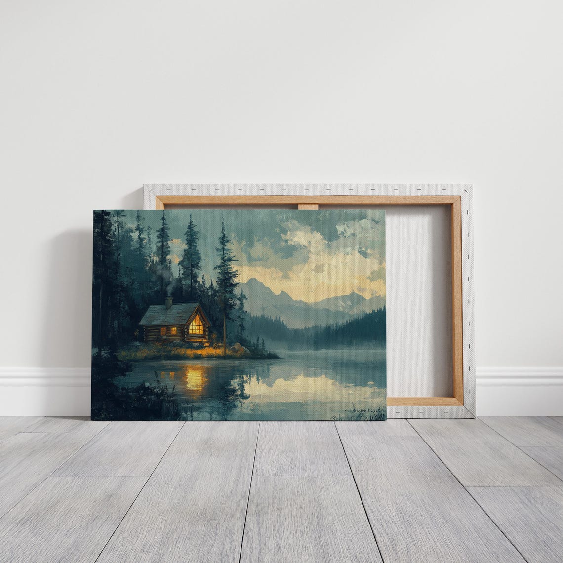 Cozy Log Cabin Lake Dusk Pine Forest Mountain Reflection Poster - Image 3
