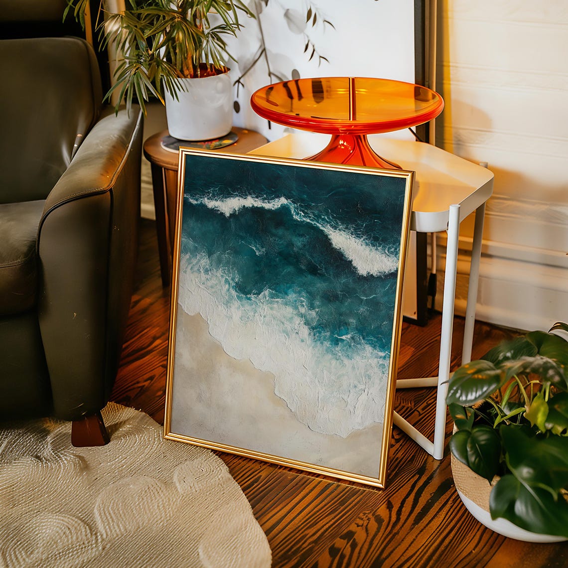 Textured Aerial Ocean Wave Deep Teal Sea and Sandy Beach Shore Poster