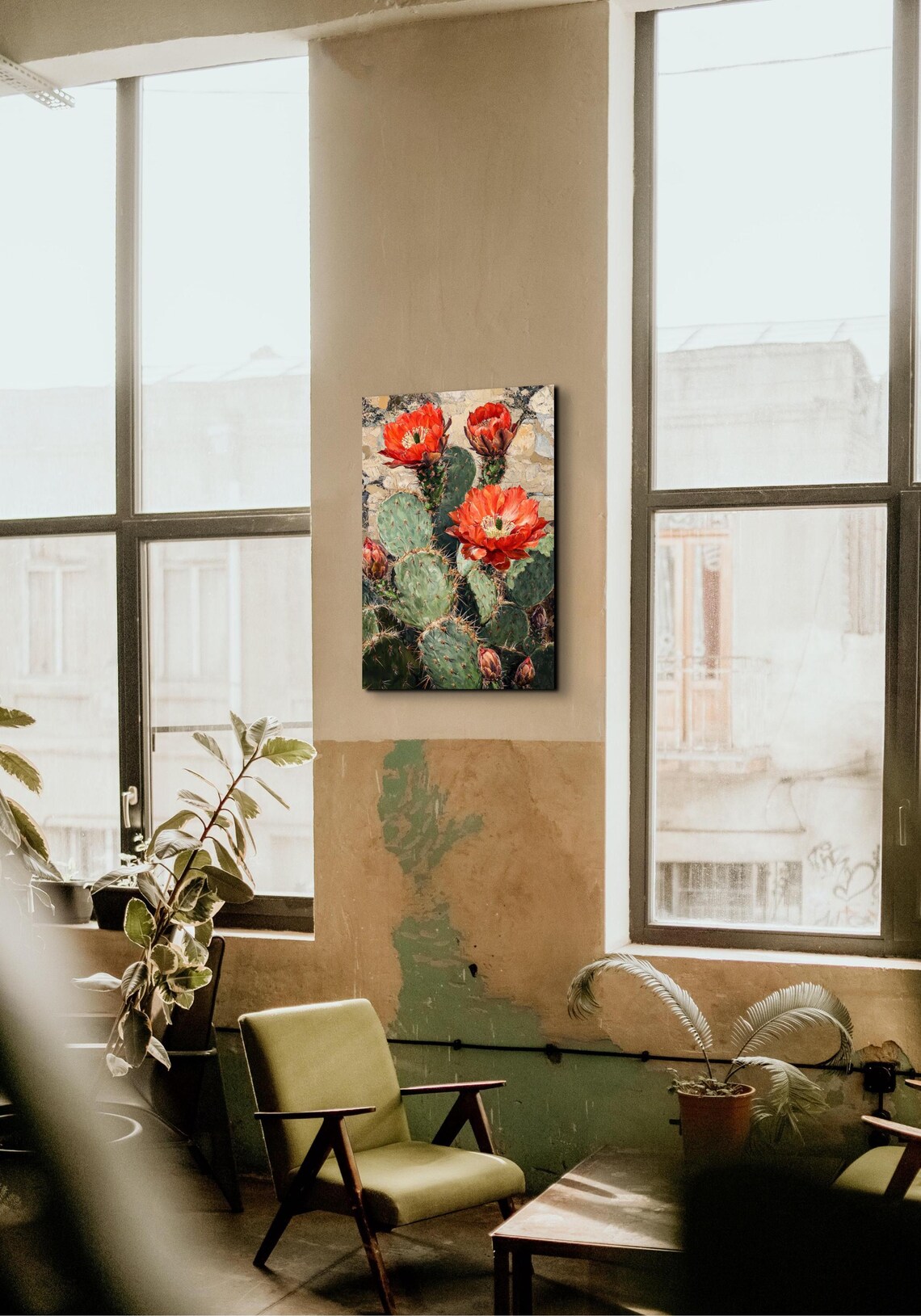 Prickly Pear Cactus Red Orange Blooms Stone Wall Desert Art Poster - Image 5