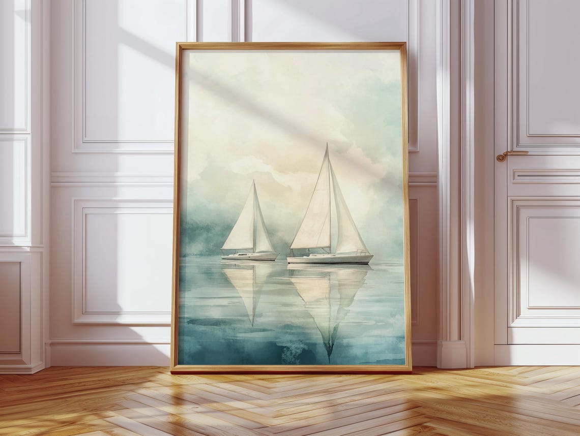 Two Sailboats in Misty Watercolor Soft Blue Calm Seascape Poster