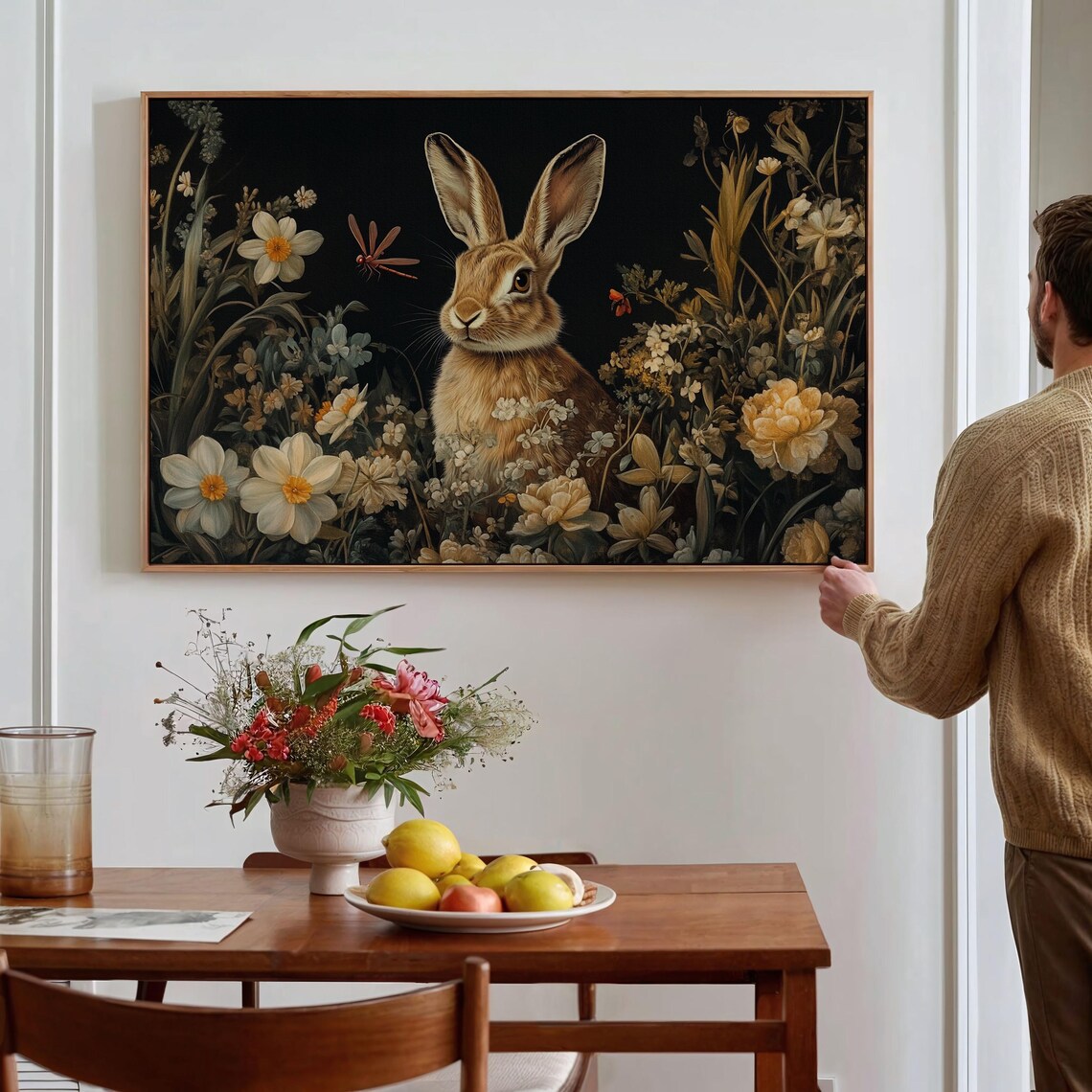 Rabbit In Wildflower Meadow, Rustic Floral Art Print