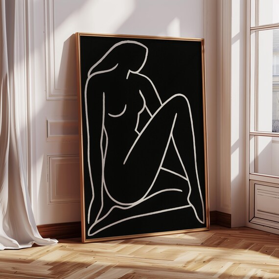 Seated Nude Figure White Line Art Black Minimalist Decor Poster