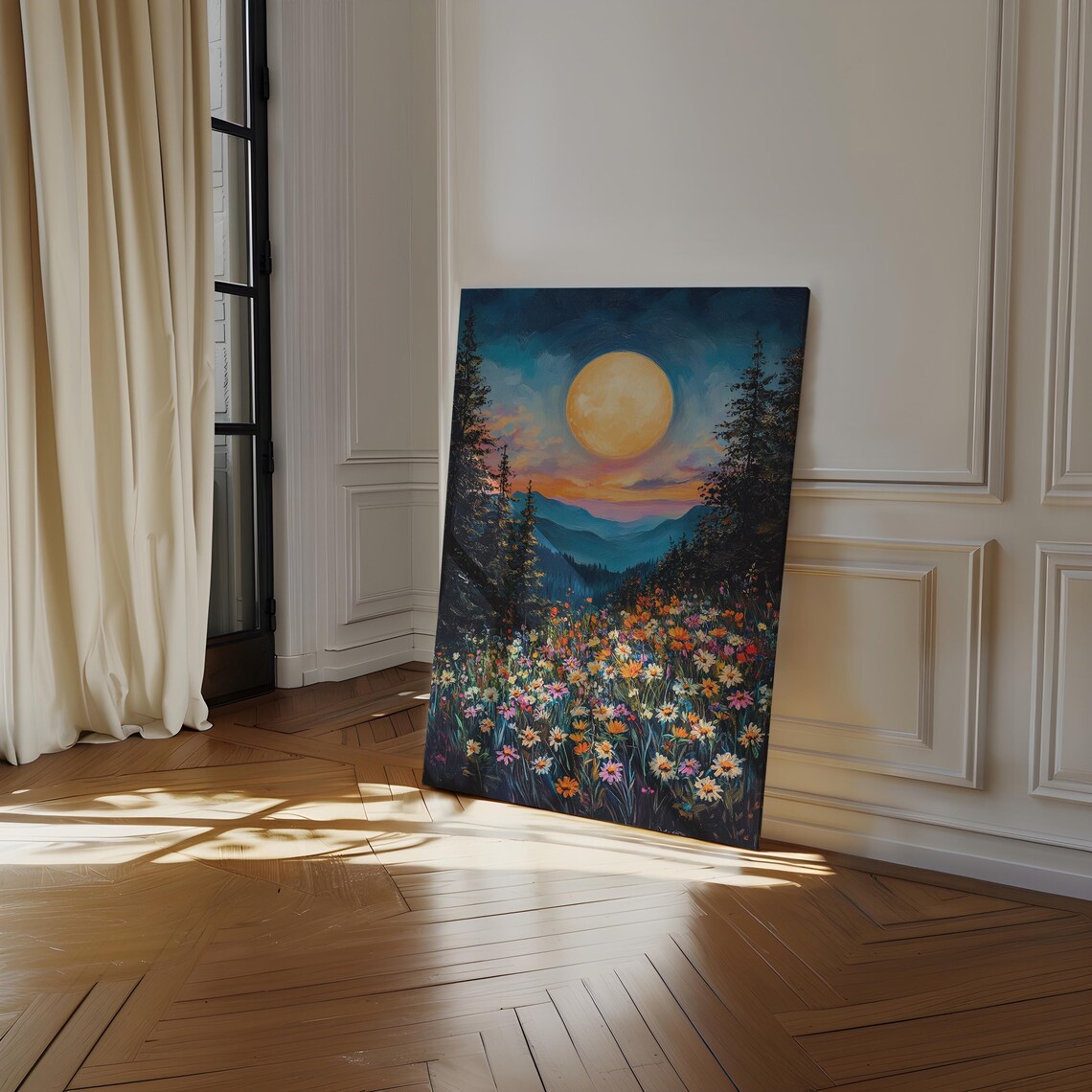 Wildflower Meadow At Full Moon, Nature Landscape - Image 3