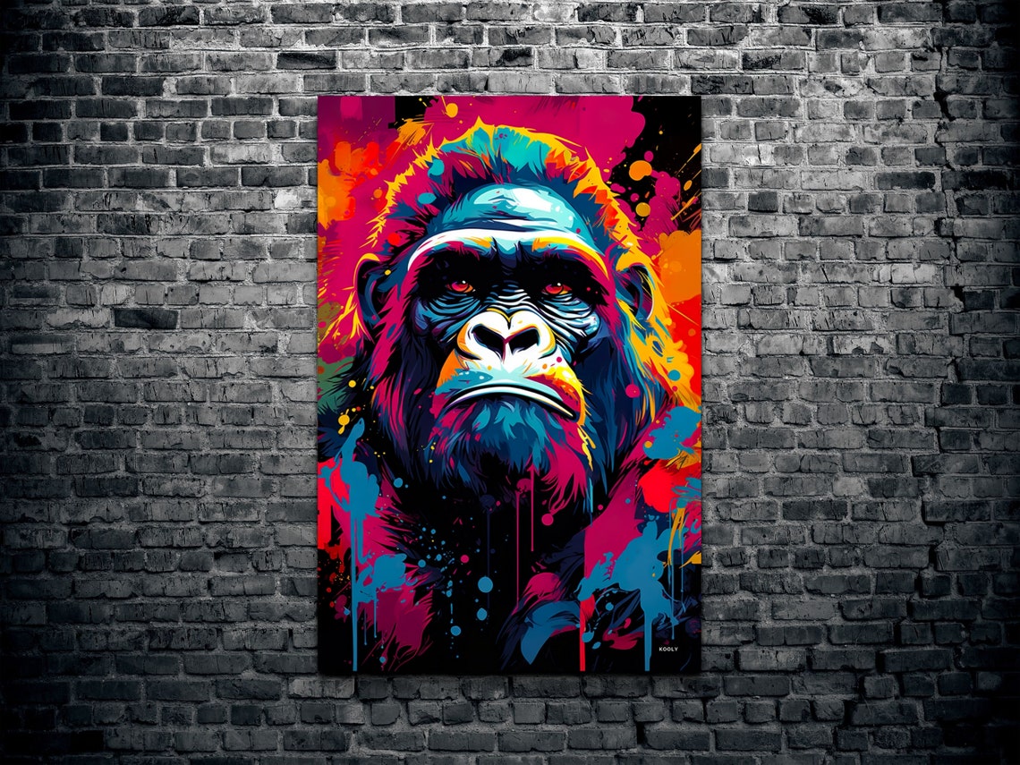 Gorilla Portrait Neon Pop Art Colorful Paint Splatter Poster