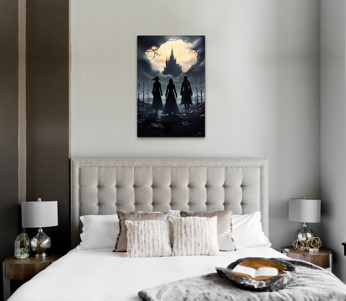 Gothic Castle Under the Full Moon with Three Silhouetted Travelers Poster - Image 4