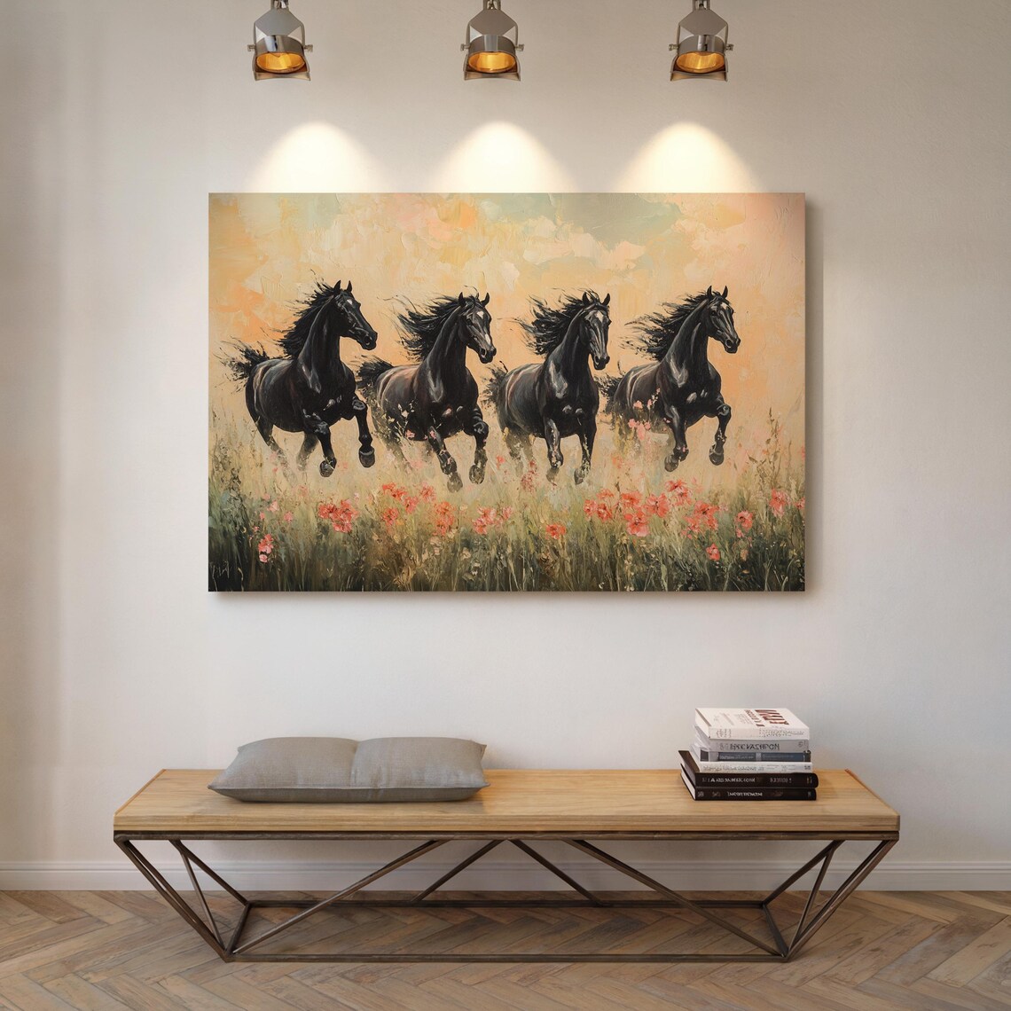 Four Black Stallions Galloping Through Wildflower Meadow Poster - Image 5