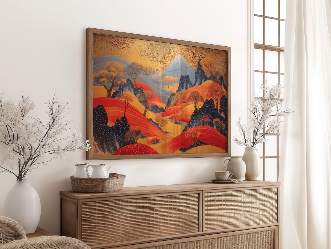 Golden Red Rolling Hills With Distant Volcanic Peak Autumn Poster