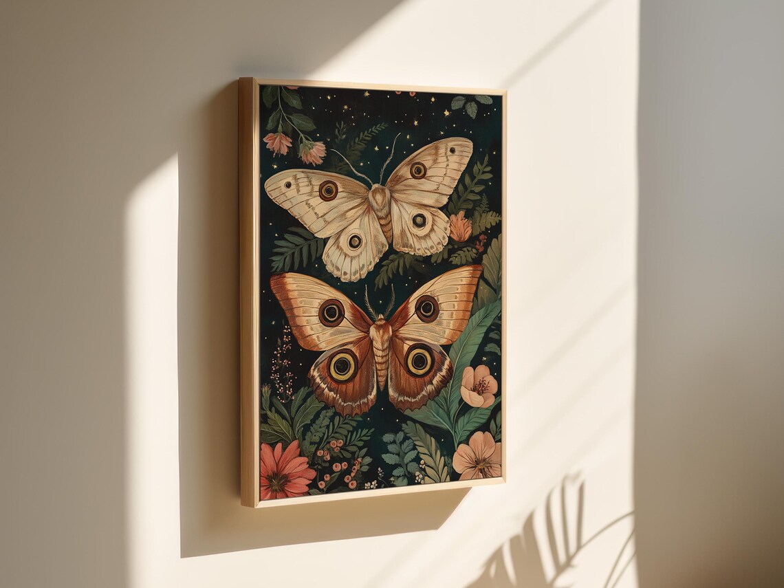 Celestial Eyed Moths On Starry Night Foliage Vintage Insect Wall Art - Image 3