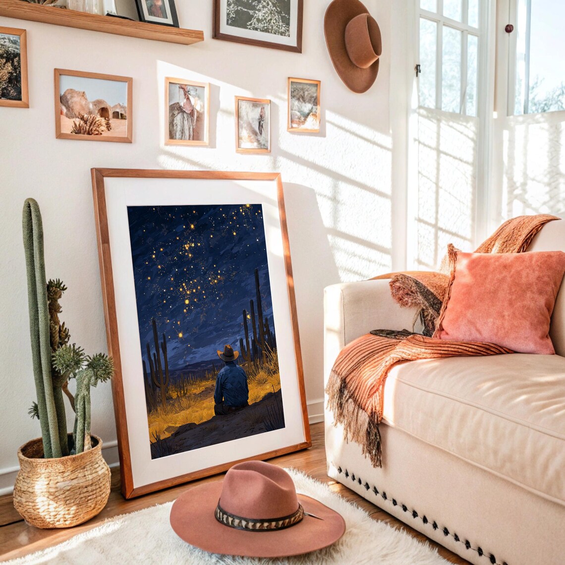 Cowboy Gazes at Golden Stars, Desert Night Art Print
