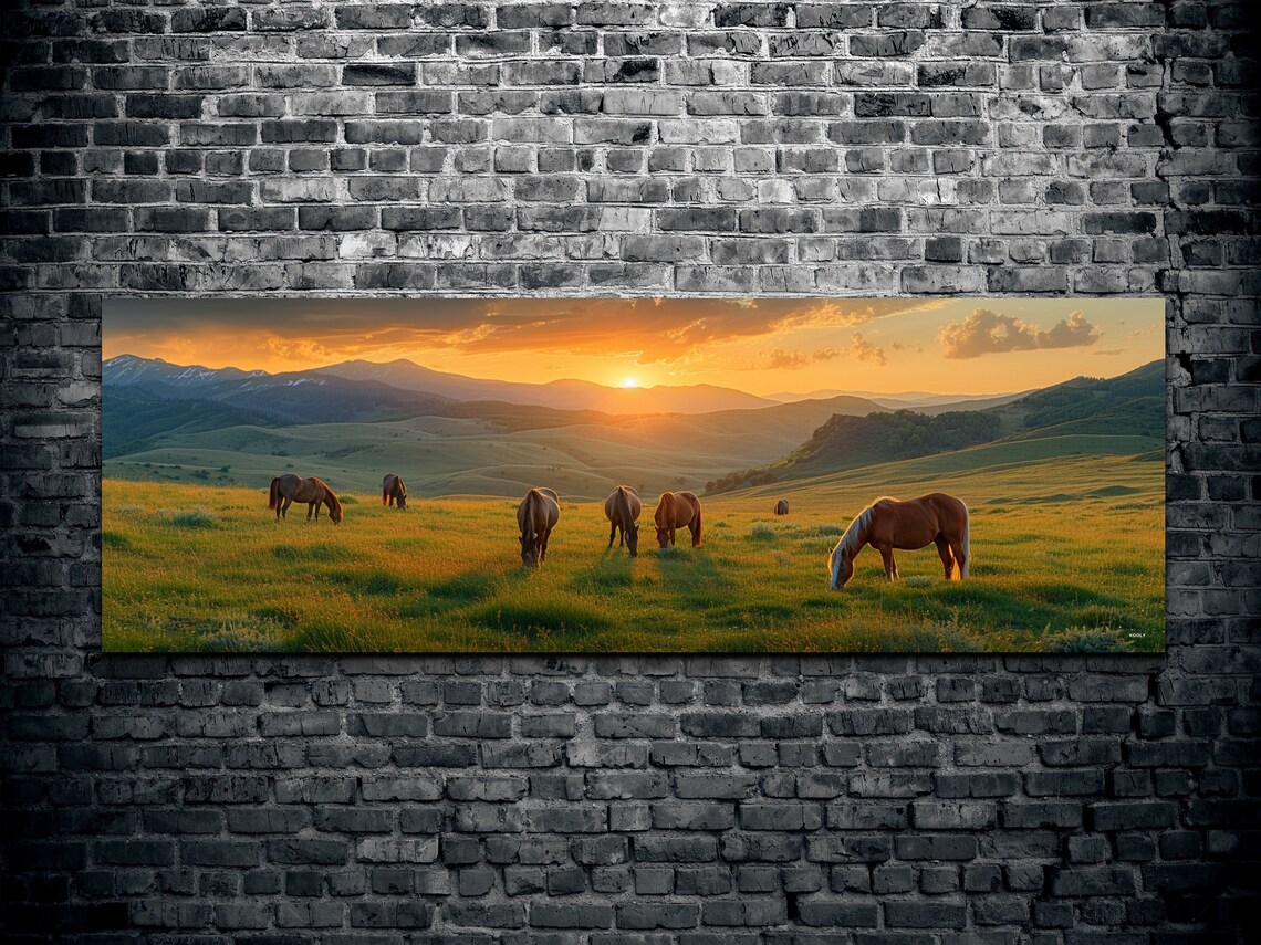Horses Grazing Sunrise Golden Hills Mountain Morning Light Poster - Image 2