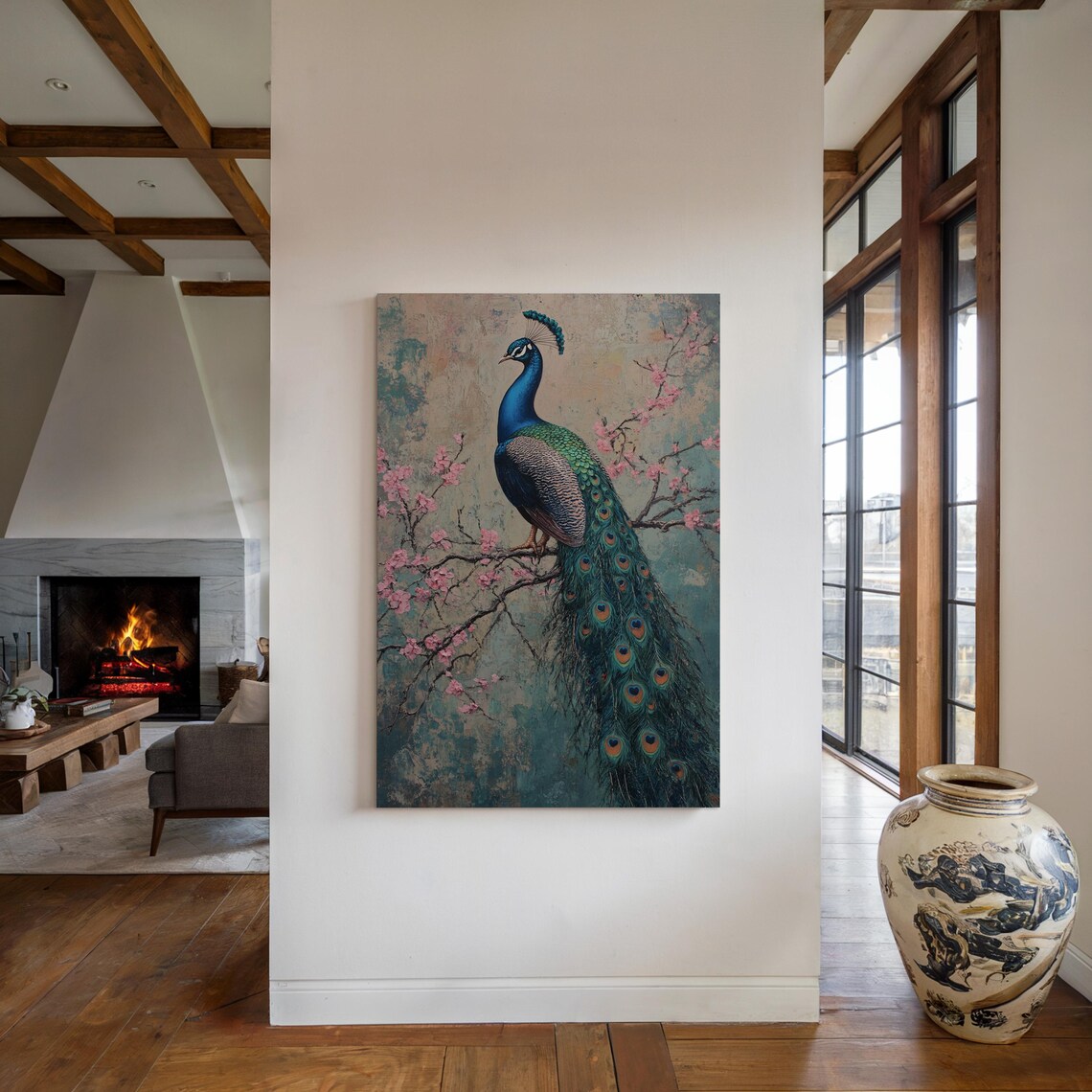 Majestic Peacock Cherry Blossom Branch Vintage Textured Art Poster - Image 4