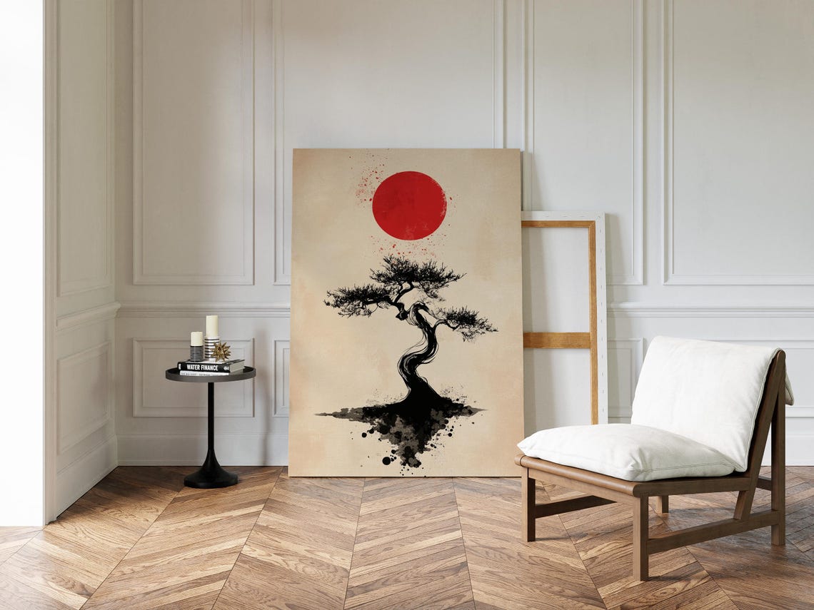 Japanese Bonsai Ink Tree With Red Sun Minimalist Sumi E Poster - Image 2