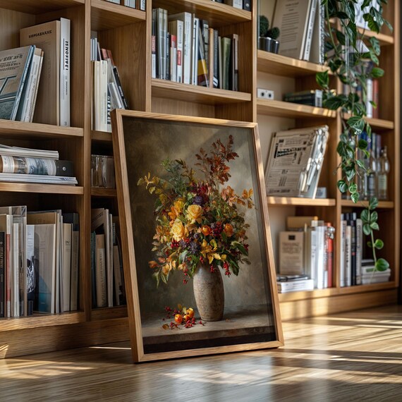Autumn Floral Bouquet Oil Painting Print in Rustic Fall Hues