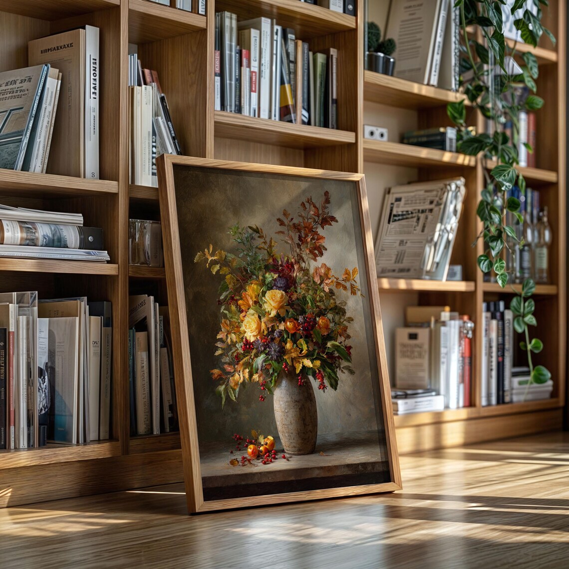 Autumn Floral Bouquet Oil Painting Print in Rustic Fall Hues