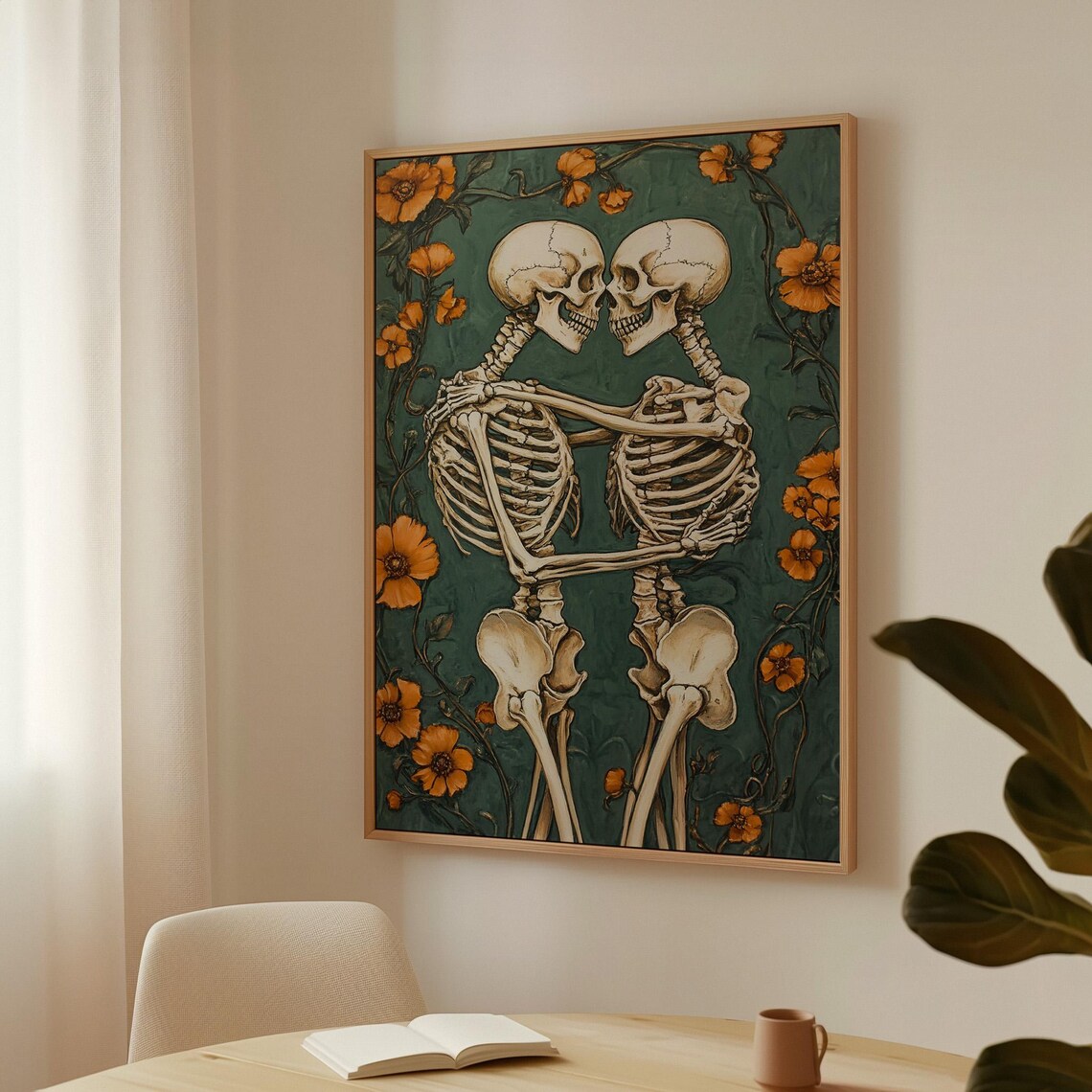 Embracing Skeletons Halloween Romantic Gothic Couple Art Poster - Image 3