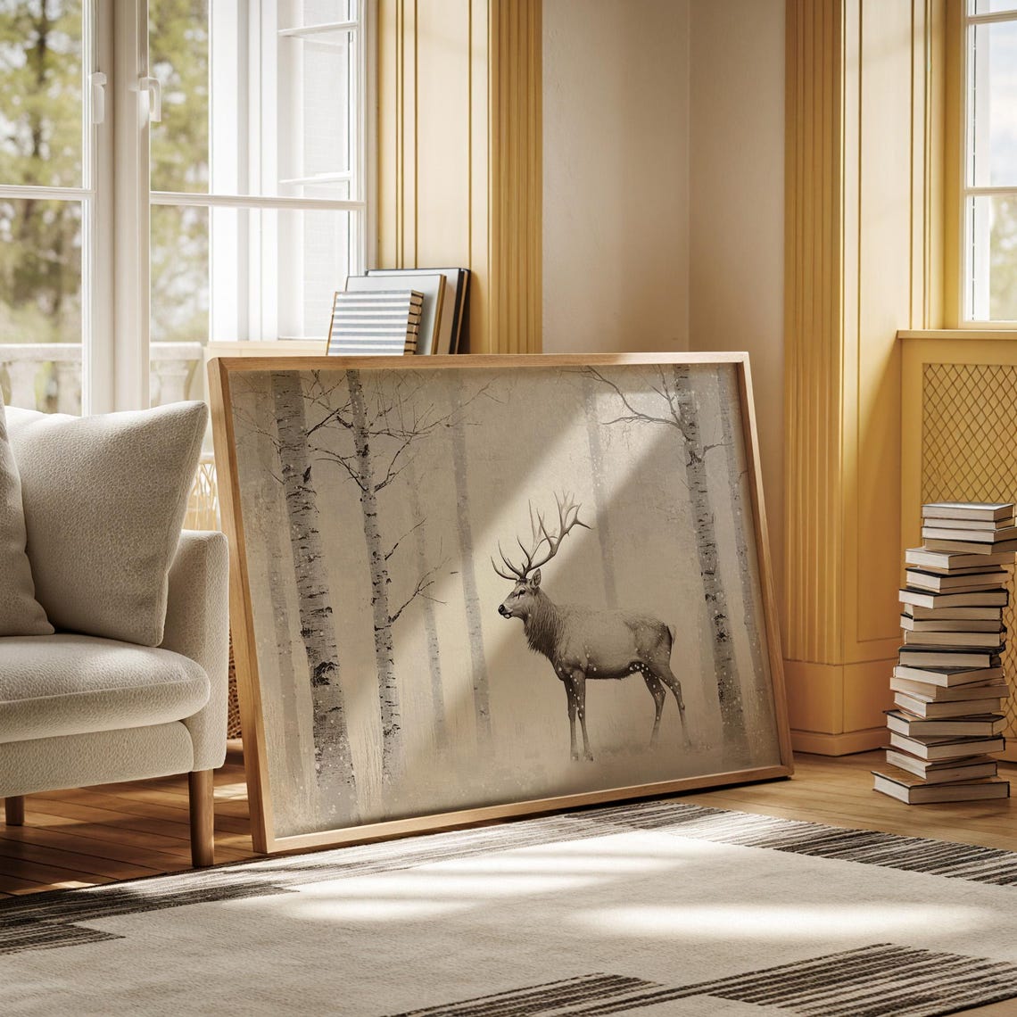 Winter Stag With Large Antlers In Snowy Birch Forest Pale Poster - Image 4