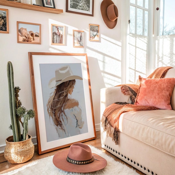 Cowgirl In White Hat Flowing Hair Soft Watercolor Western Wall Art