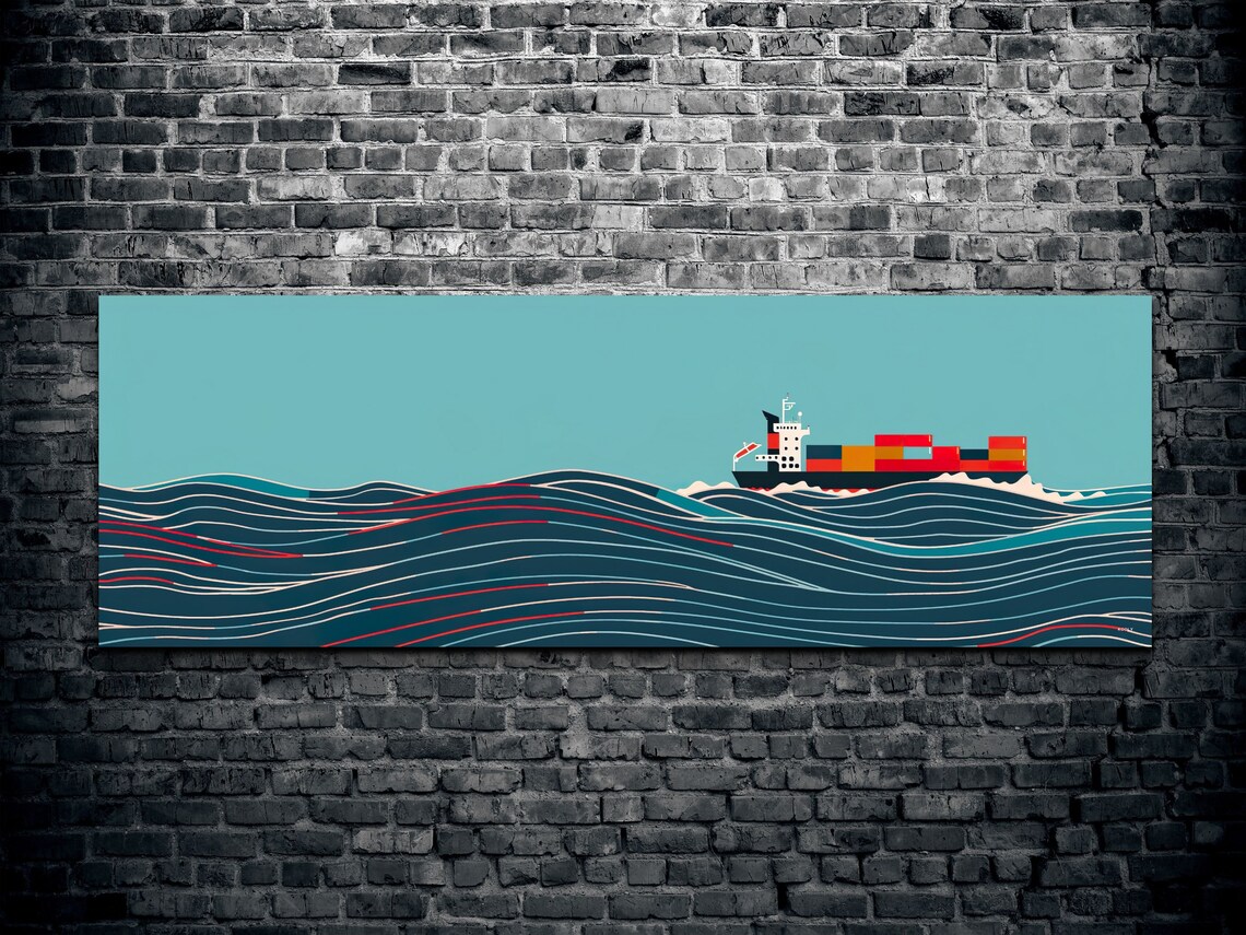 Panoramic Cargo Ship in Ocean, Nautical Art Print - Image 2