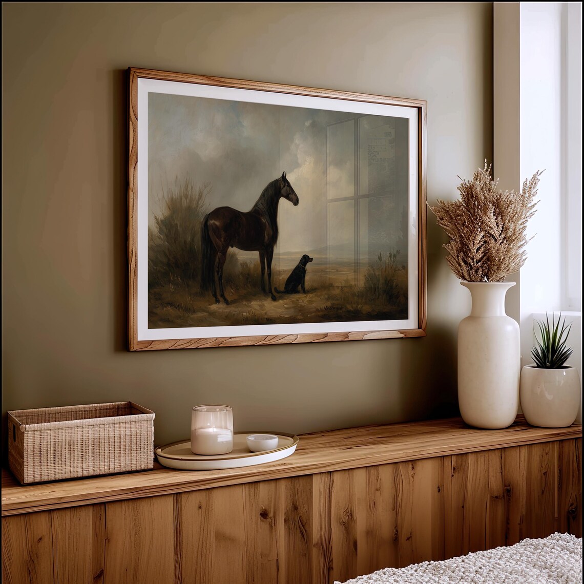 Black Horse and Dog Standing Together Moody Classical Oil Painting Poster