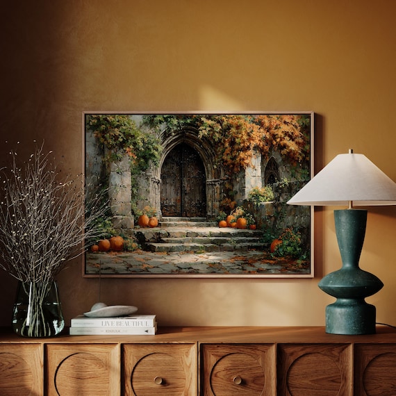 Gothic Stone Archway with Pumpkins and Climbing Autumn Ivy Poster