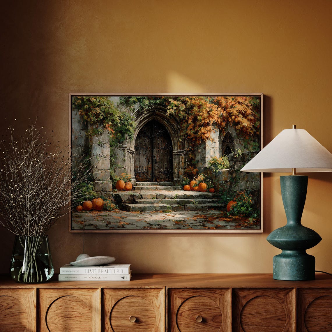 Gothic Stone Archway with Pumpkins and Climbing Autumn Ivy Poster