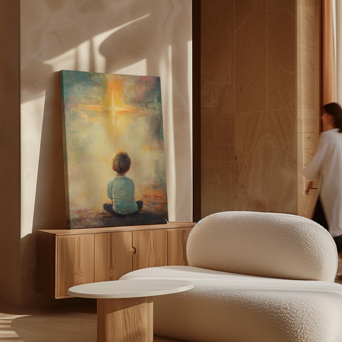 Child Gazing at a Radiant Cross Shining in a Golden Sky Poster - Image 7