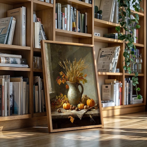 Harvest Still Life Wheat Pitcher Pumpkins Rustic Autumn Kitchen Art Poster