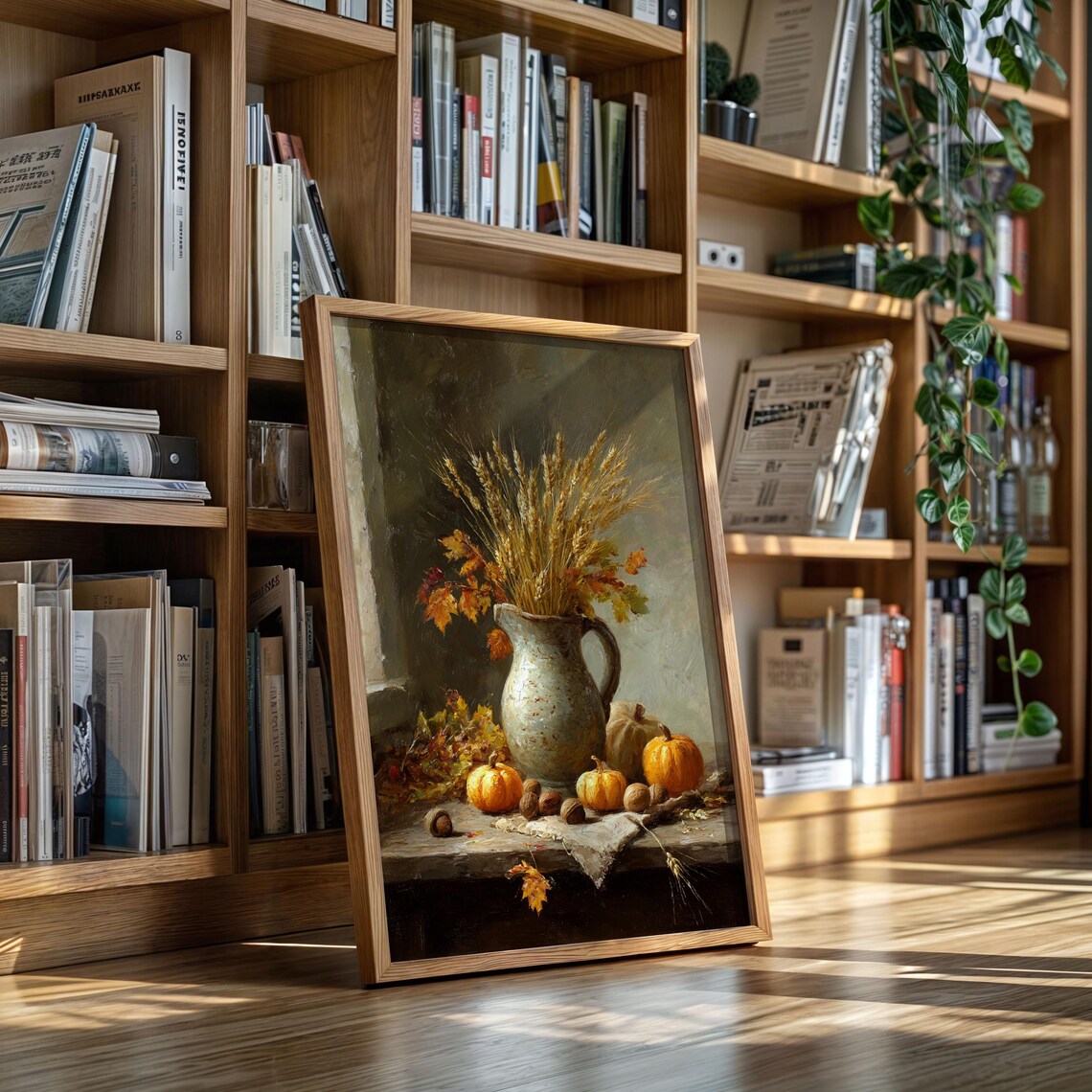 Harvest Still Life Wheat Pitcher Pumpkins Rustic Autumn Kitchen Art Poster