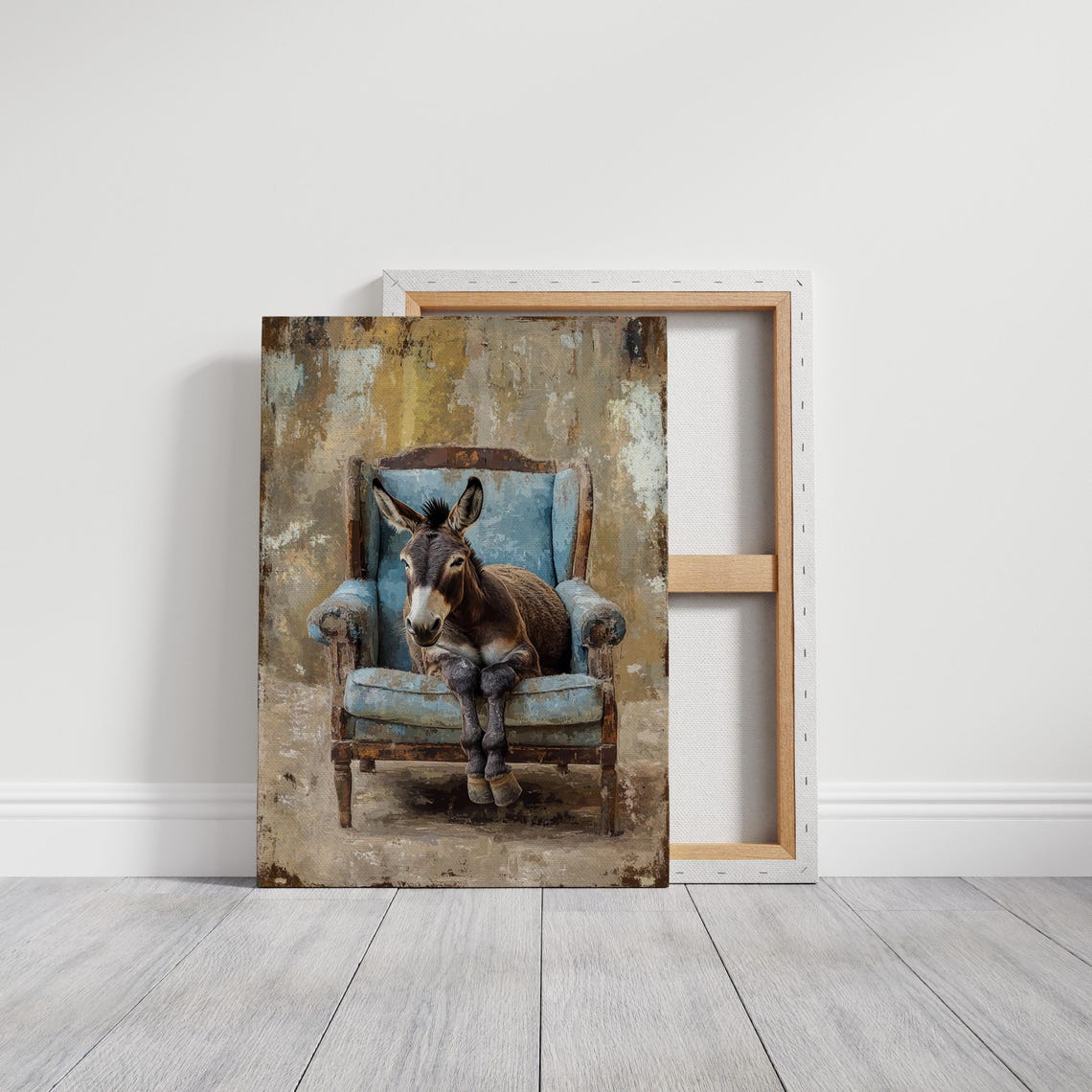 Charming Donkey Sitting in a Rustic Blue Armchair Art Poster - Image 7