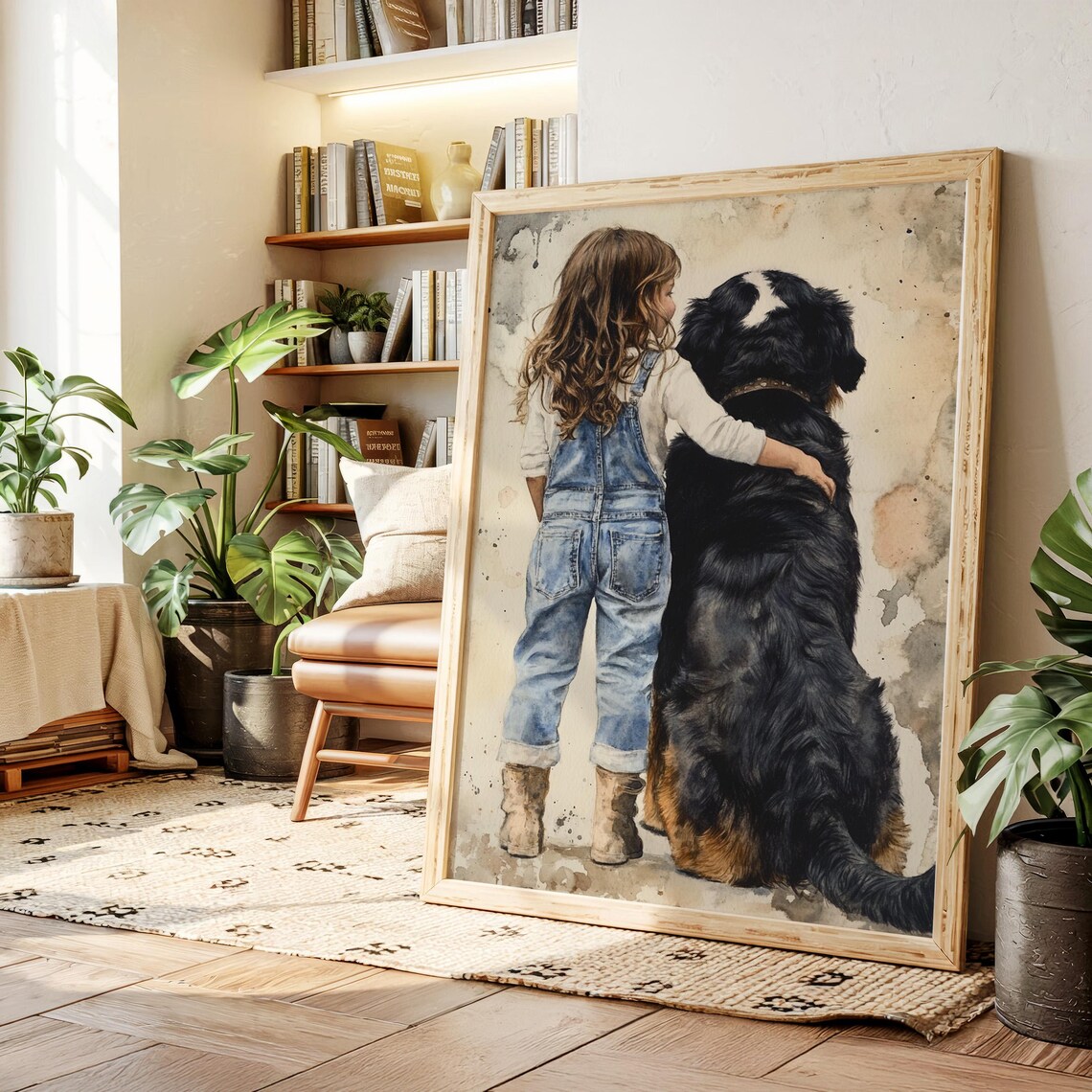 Girl Hugging Big Black Dog Watercolor Rustic Pet Friendship Poster