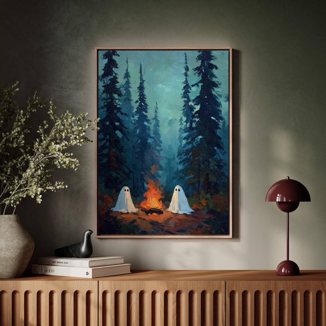 Ghosts By Campfire In Dark Pine Forest Night Halloween Poster