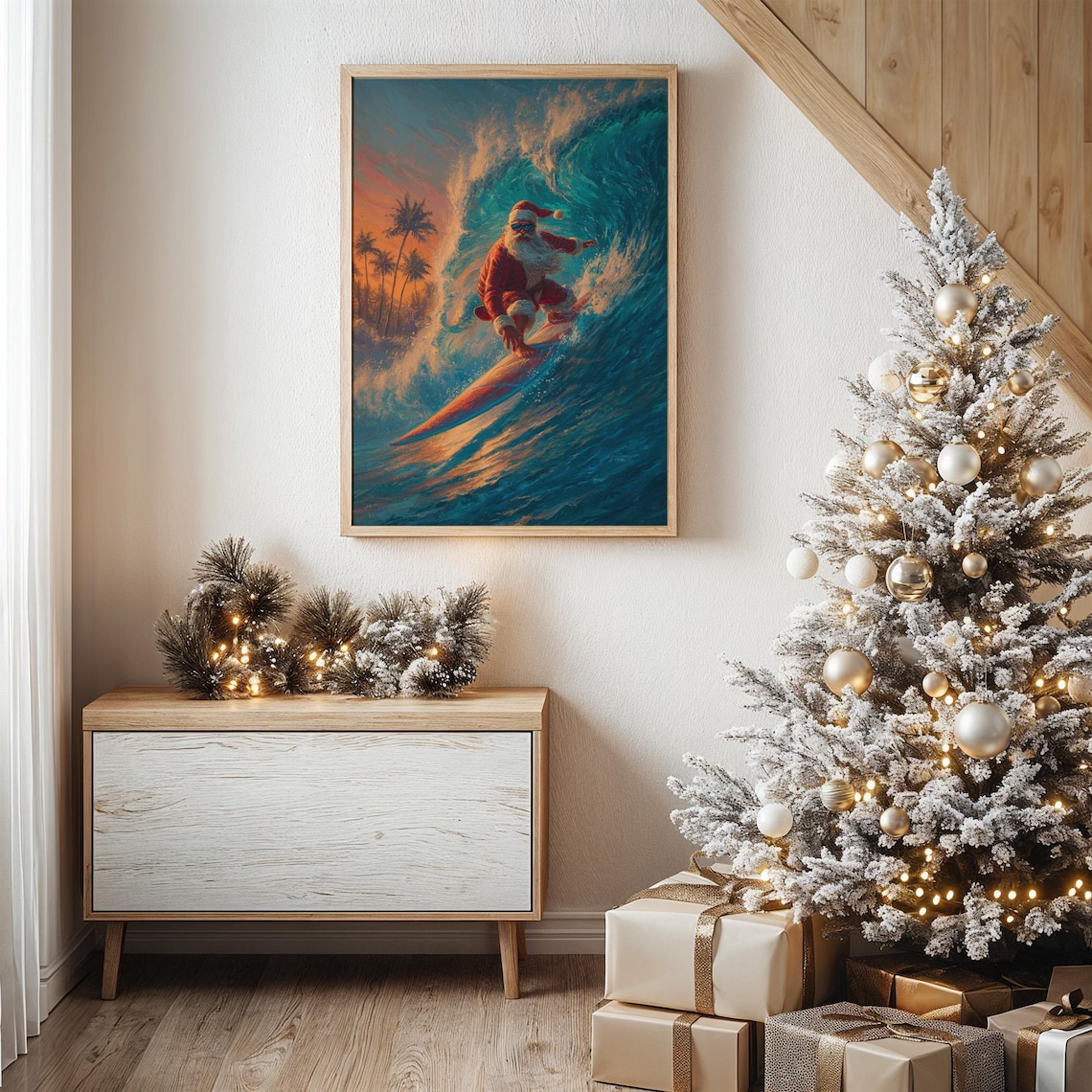 Santa Claus Surfing a Giant Turquoise Wave at Tropical Sunset Poster
