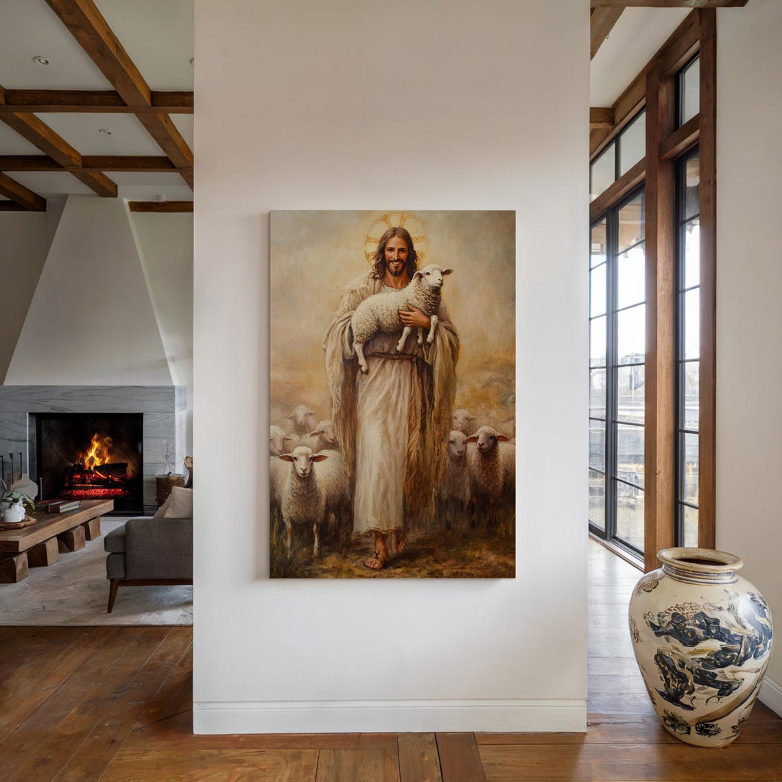 Good Shepherd Jesus Holding Lamb Flock Golden Light Art Poster - Image 4