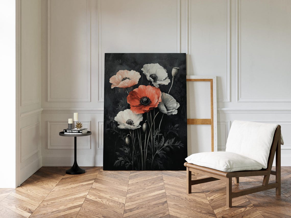 Moody Red And White Poppies On Black Dark Botanical Floral Poster - Image 3