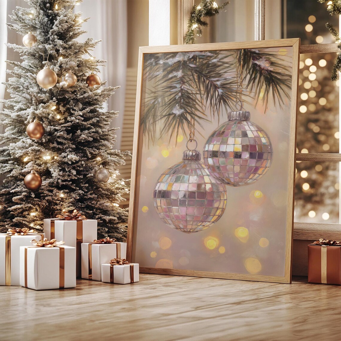 Shimmering Disco Ball Christmas Ornaments On Snowy Pine Poster