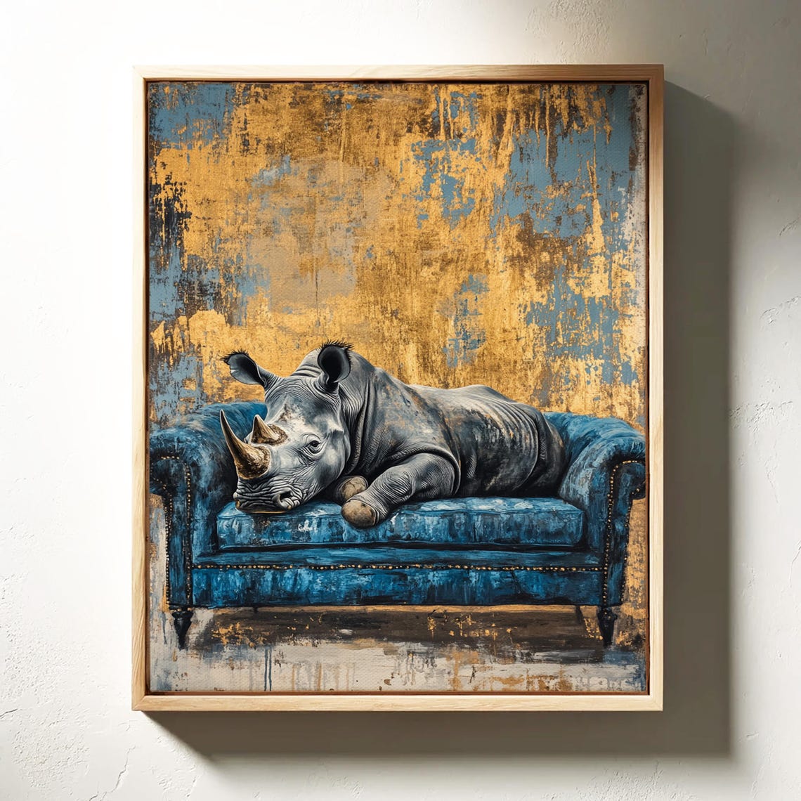 Relaxed Rhino Lounging on a Blue Velvet Couch Gold Art Poster - Image 3