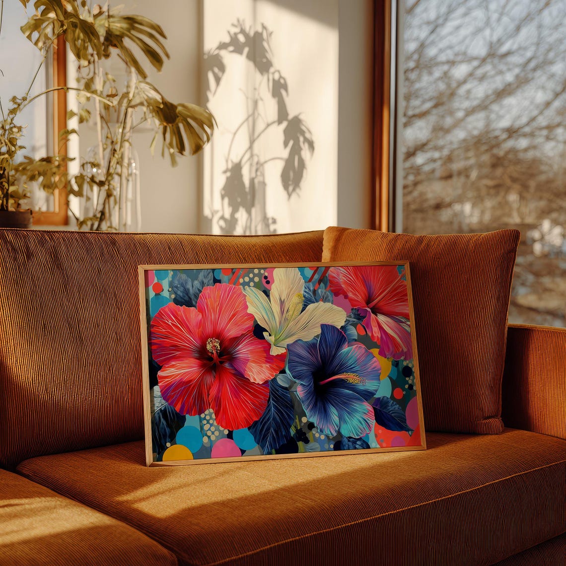 Vibrant Hibiscus Tropical Flowers Bold Colorful Pop Art Style Poster