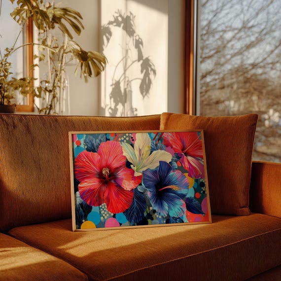 Vibrant Hibiscus Flower Canvas Wall Art Colorful Tropical Floral Print Modern Botanical Artwork For Living Room Bold Boho Home Decor