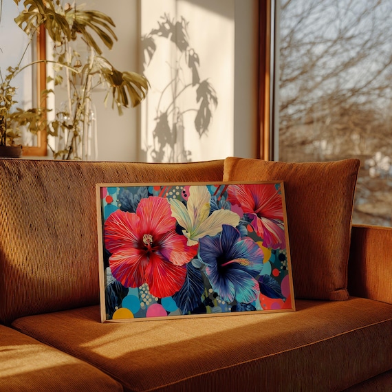 Vibrant Hibiscus Tropical Flowers Bold Colorful Pop Art Style Poster