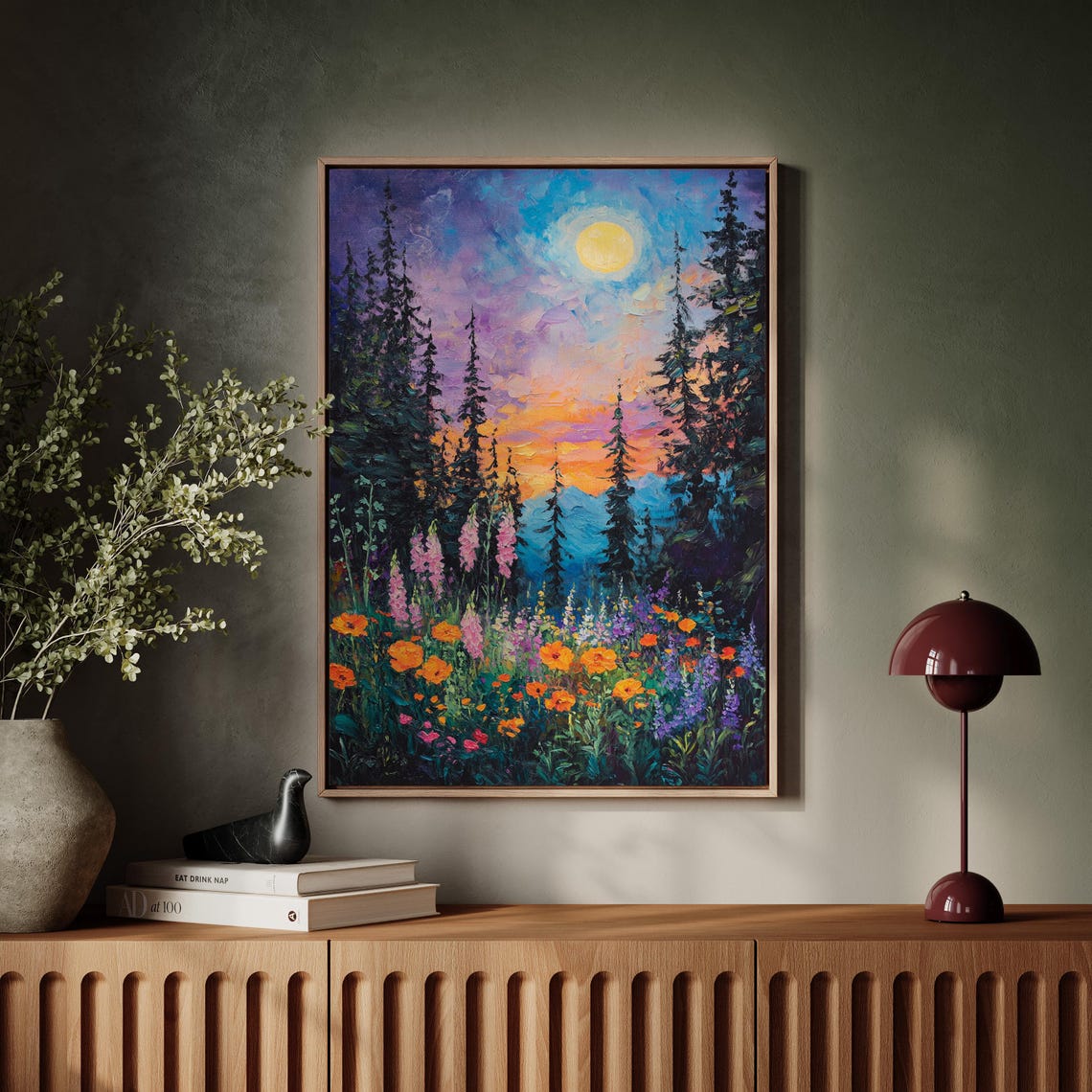 Full Moon Above Evergreen Forest And Colorful Wildflower Field Poster - Image 7