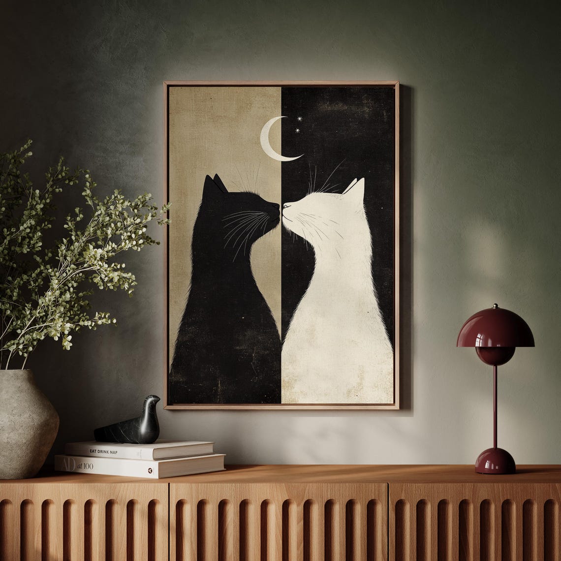 Yin Yang Black and White Cats Under Crescent Moon Art Poster
