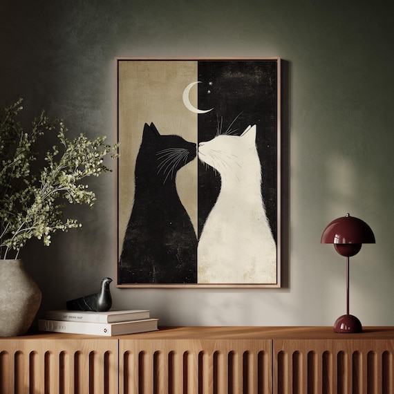 Yin Yang Black and White Cats Under Crescent Moon Art Poster