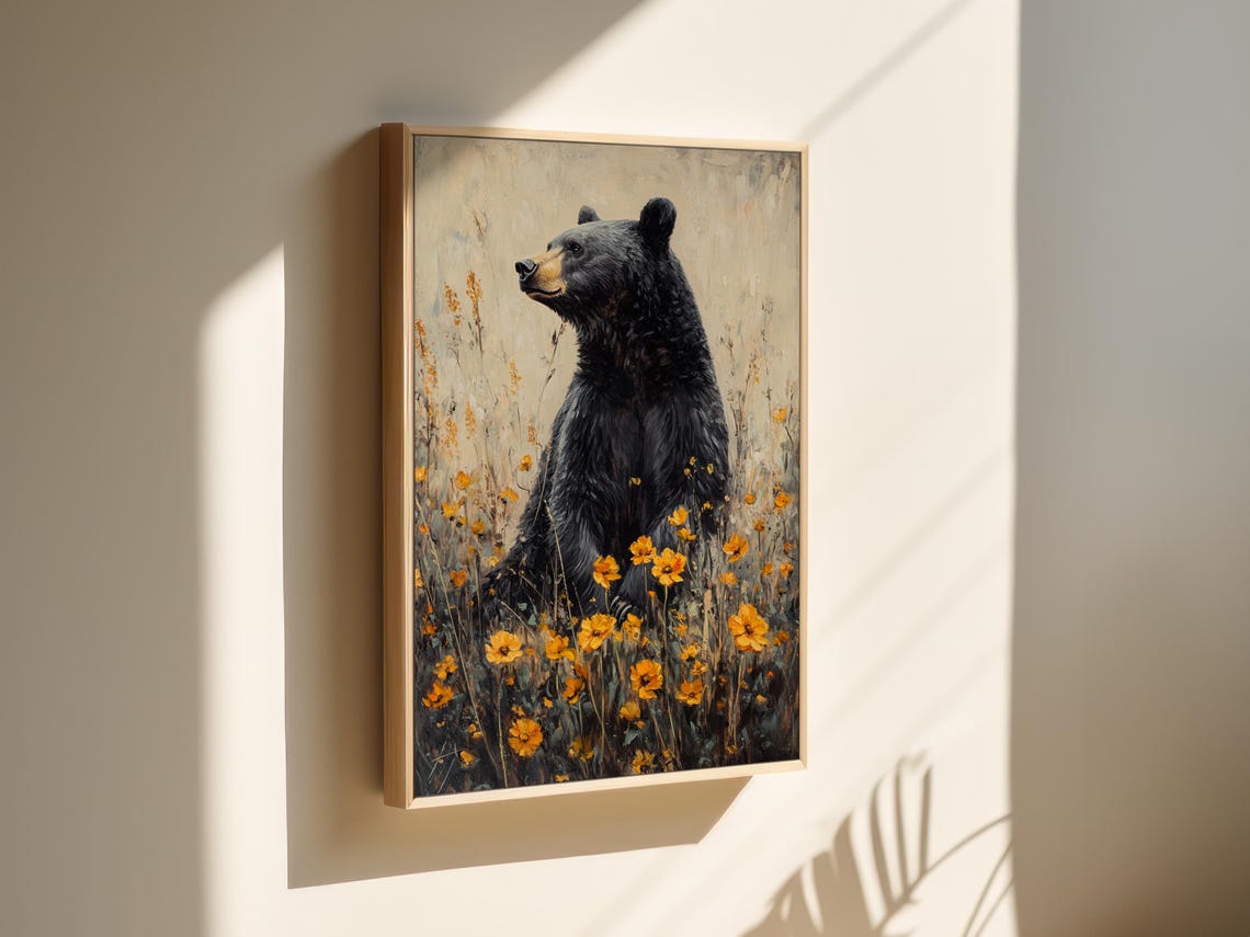 Majestic Black Bear Among Golden Wildflowers Rustic Art Poster - Image 5
